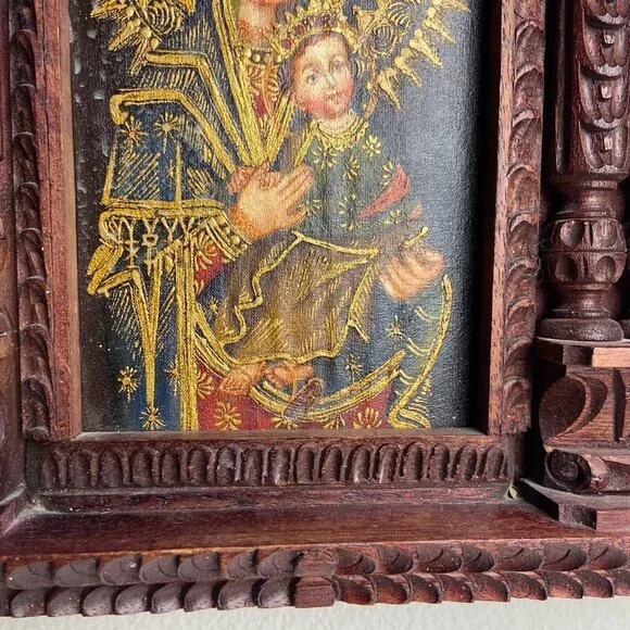 Vintage Religious Old Icona Virgin Mary & Baby Jesus Framed Picture - Picture 8 of 16